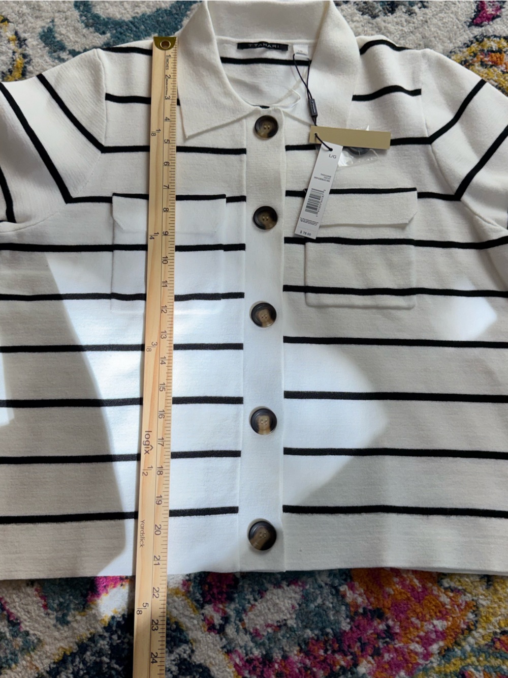 NWT T Tahari White & Black Striped Buttoned Knit Top - Picture 6 of 7